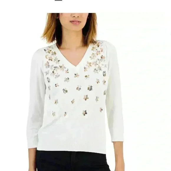 CHARTER CLUB Women's Petite Small White Gold sequined Embellished Sweater - Picture 1 of 9